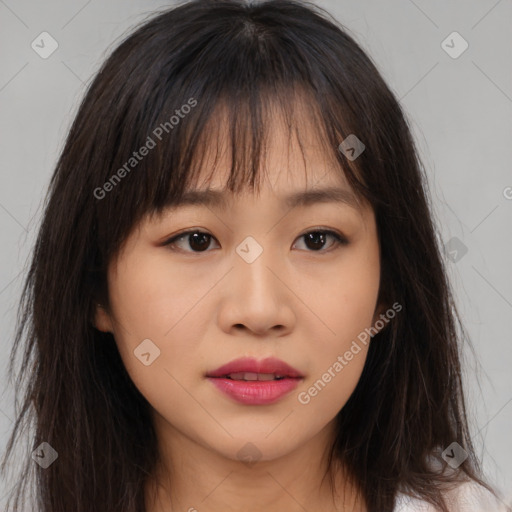 Neutral asian young-adult female with long  brown hair and brown eyes