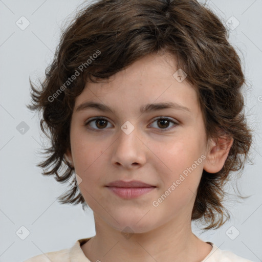 Joyful white child female with medium  brown hair and brown eyes