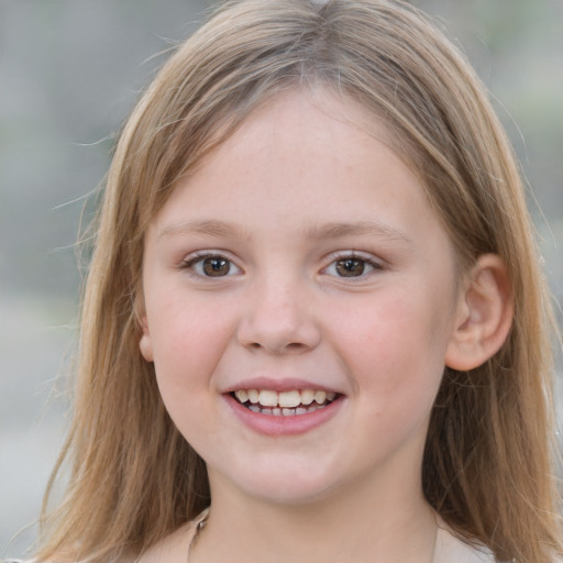 Joyful white child female with medium  brown hair and grey eyes