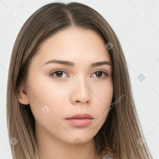 Neutral white young-adult female with long  brown hair and brown eyes