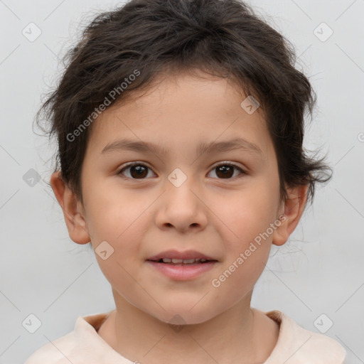 Joyful white child female with short  brown hair and brown eyes