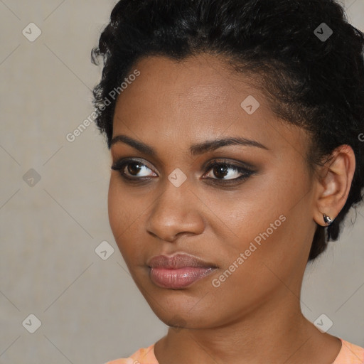 Neutral black young-adult female with short  black hair and brown eyes