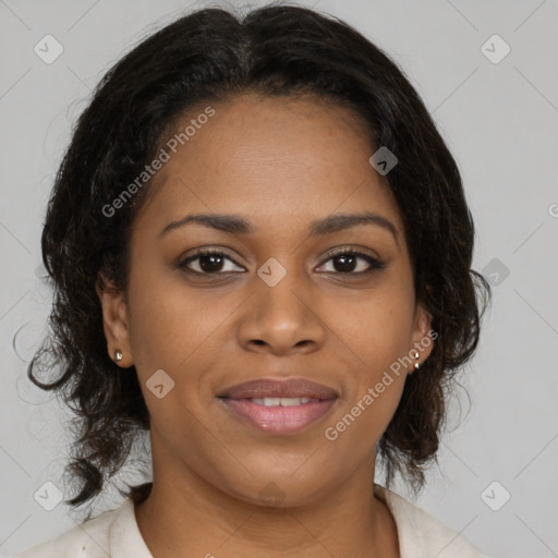 Joyful black young-adult female with medium  brown hair and brown eyes