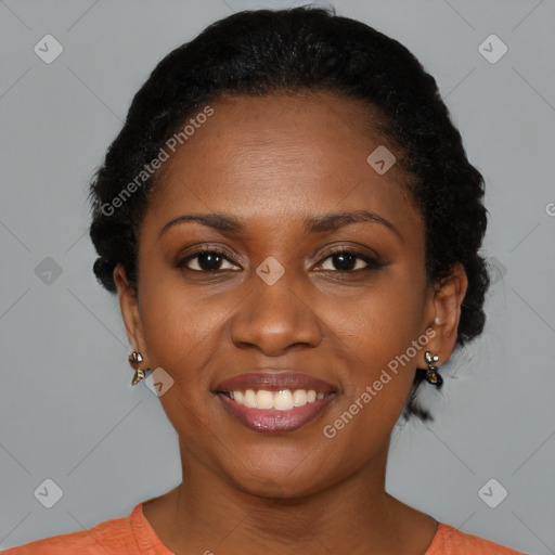 Joyful black young-adult female with medium  black hair and brown eyes