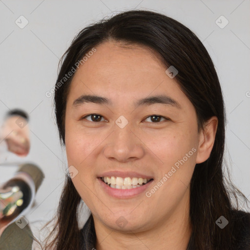 Joyful white young-adult female with long  brown hair and brown eyes