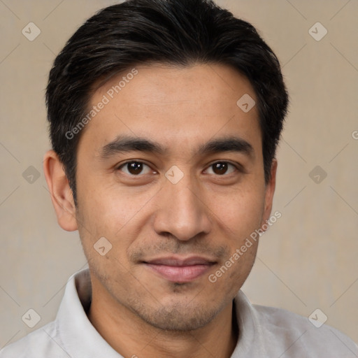 Joyful asian young-adult male with short  brown hair and brown eyes