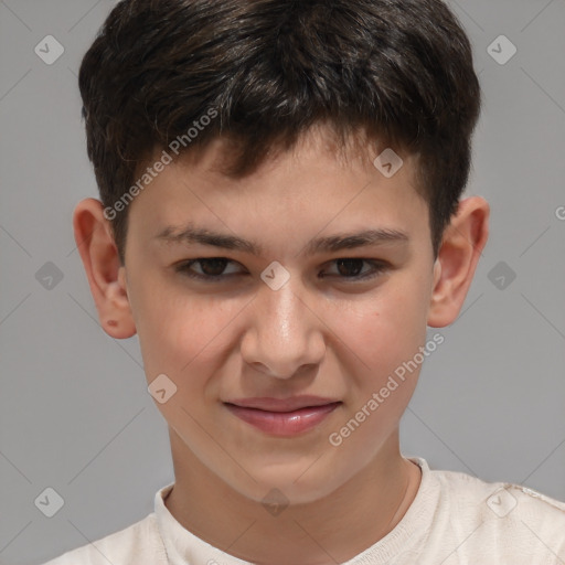 Joyful white child male with short  brown hair and brown eyes