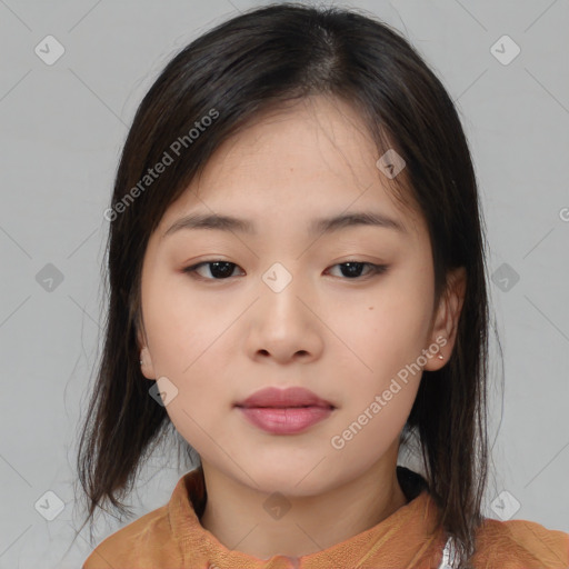 Neutral asian young-adult female with medium  brown hair and brown eyes