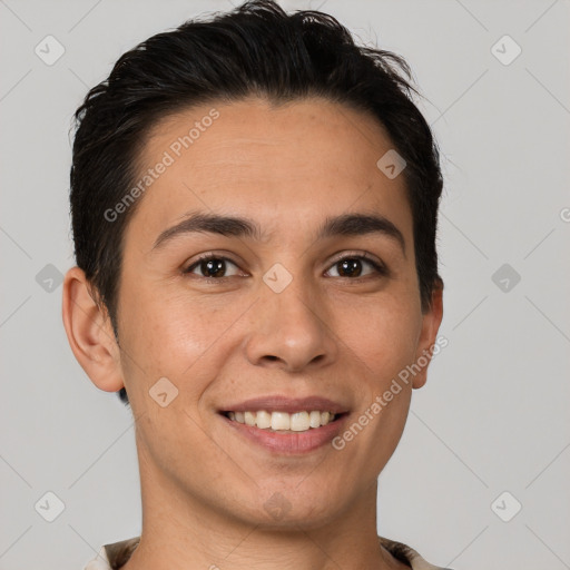 Joyful white young-adult female with short  brown hair and brown eyes