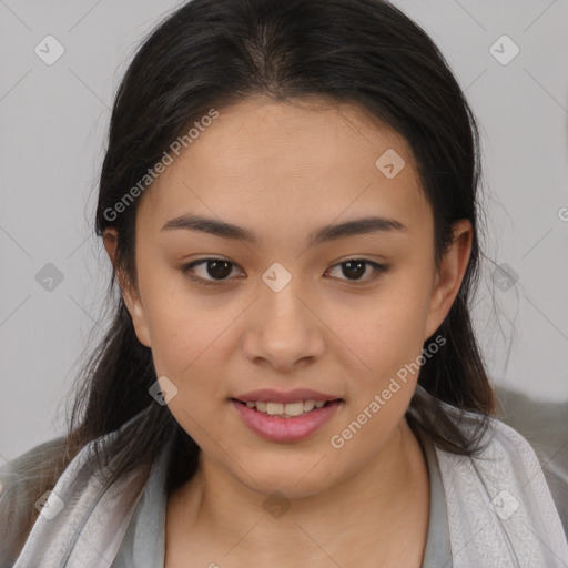 Joyful latino young-adult female with medium  brown hair and brown eyes