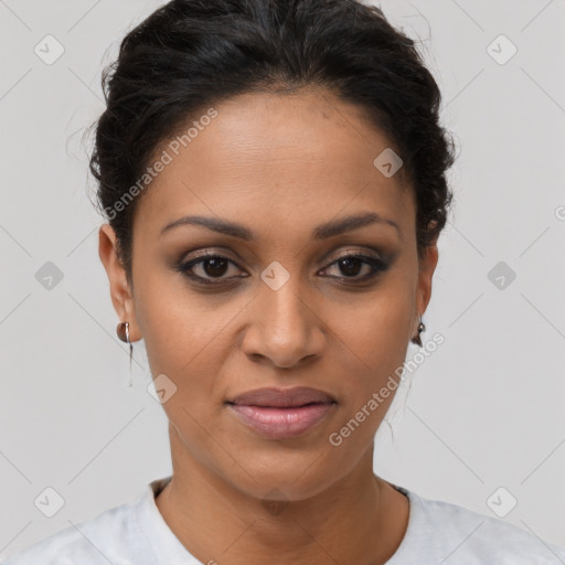 Joyful latino young-adult female with short  brown hair and brown eyes