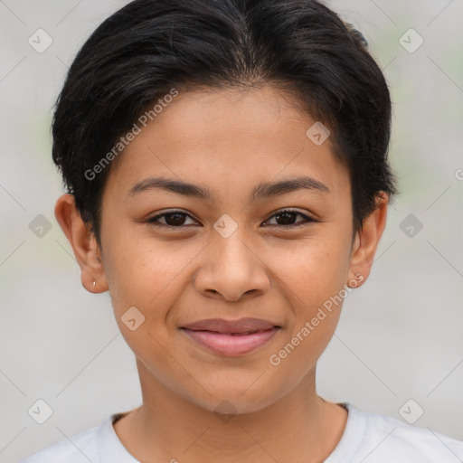 Joyful latino young-adult female with short  brown hair and brown eyes