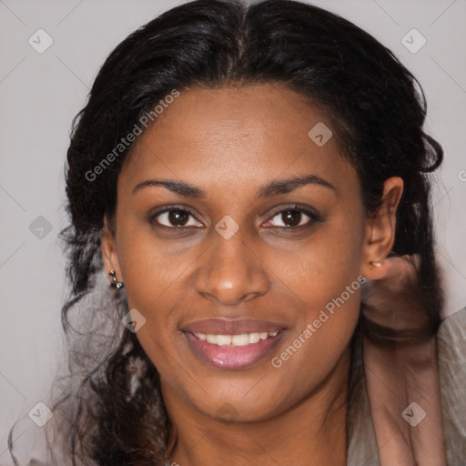 Joyful latino young-adult female with medium  brown hair and brown eyes