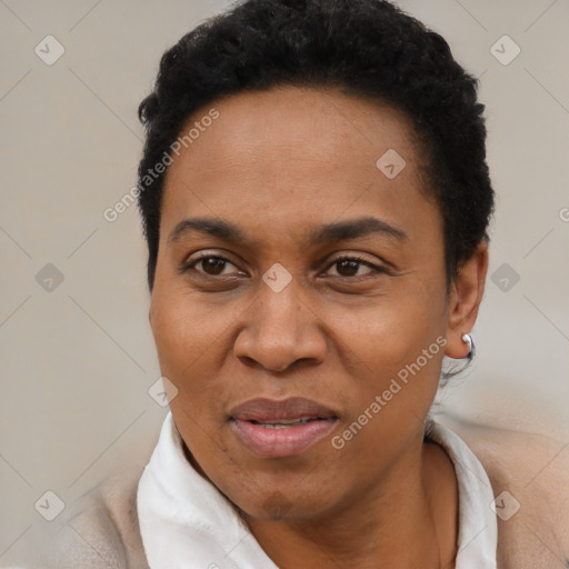 Joyful black adult female with short  black hair and brown eyes