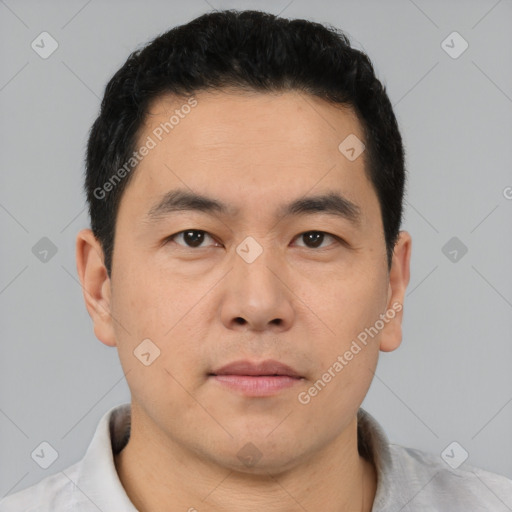 Neutral asian young-adult male with short  black hair and brown eyes