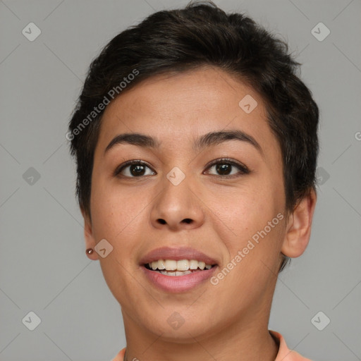 Joyful asian young-adult female with short  brown hair and brown eyes