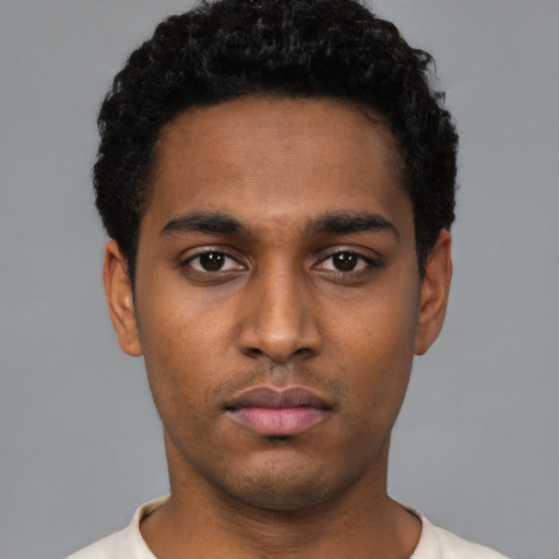Neutral black young-adult male with short  black hair and brown eyes