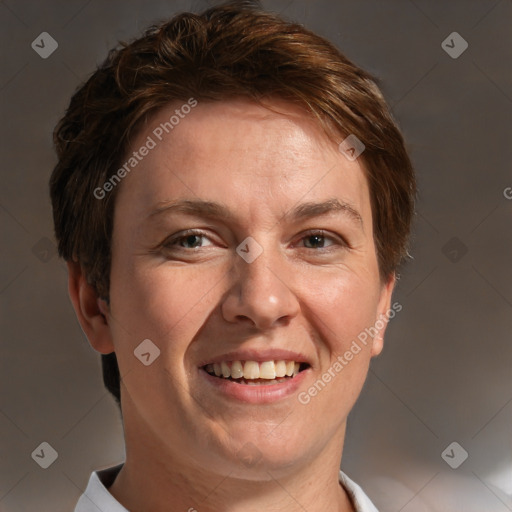 Joyful white adult female with short  brown hair and brown eyes