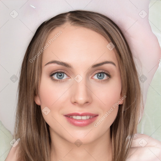 Joyful white young-adult female with long  brown hair and green eyes