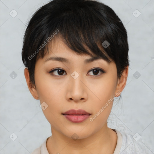 Neutral asian young-adult female with short  brown hair and brown eyes