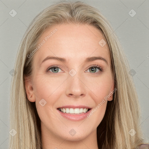 Joyful white young-adult female with long  brown hair and grey eyes