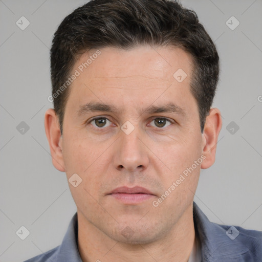 Neutral white adult male with short  brown hair and brown eyes