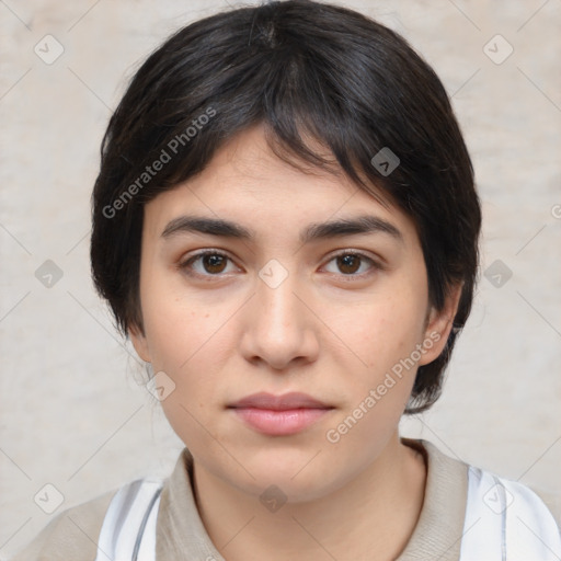 Neutral white young-adult female with medium  brown hair and brown eyes