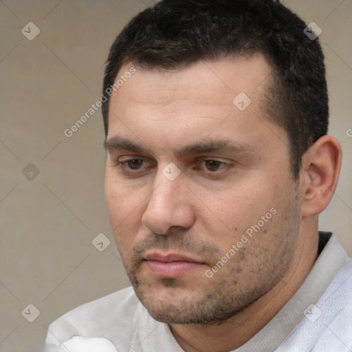 Neutral white young-adult male with short  brown hair and brown eyes