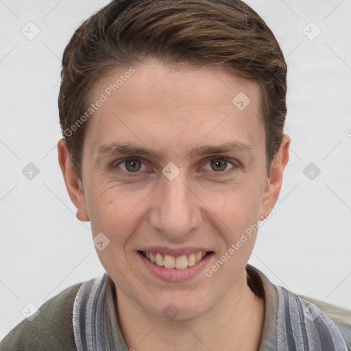 Joyful white adult male with short  brown hair and grey eyes