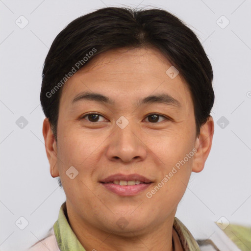 Joyful white adult male with short  brown hair and brown eyes