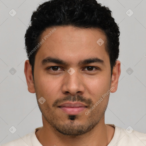 Neutral latino young-adult male with short  black hair and brown eyes