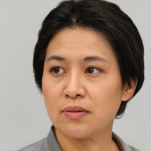 Neutral asian adult female with medium  brown hair and brown eyes