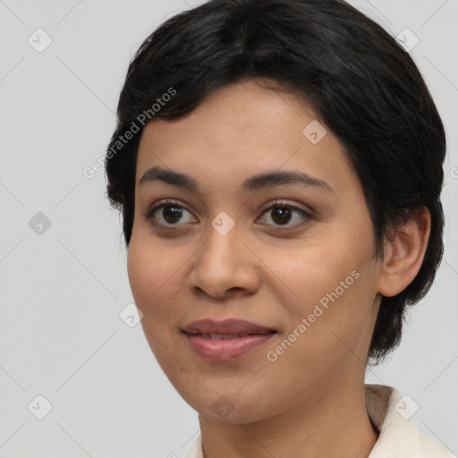 Joyful white young-adult female with short  brown hair and brown eyes