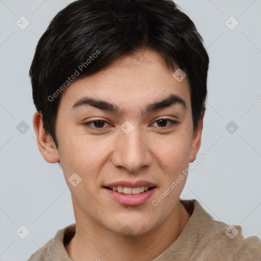 Joyful asian young-adult female with short  brown hair and brown eyes