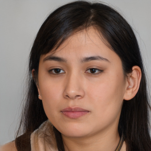 Neutral asian young-adult female with long  brown hair and brown eyes