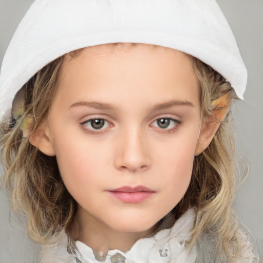 Neutral white child female with medium  brown hair and grey eyes