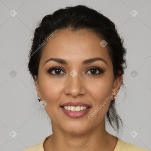 Joyful latino young-adult female with short  brown hair and brown eyes