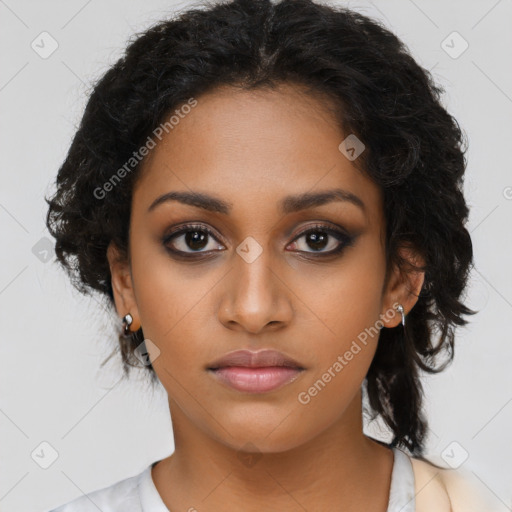 Neutral black young-adult female with medium  black hair and brown eyes