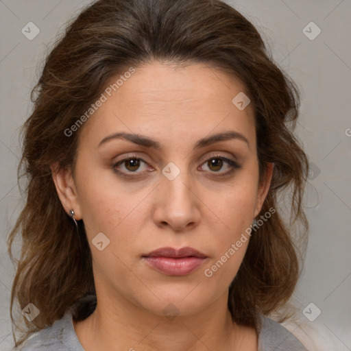 Neutral white young-adult female with medium  brown hair and brown eyes