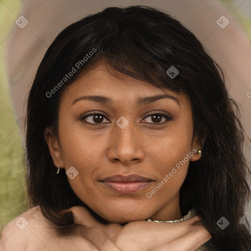 Joyful asian young-adult female with medium  brown hair and brown eyes