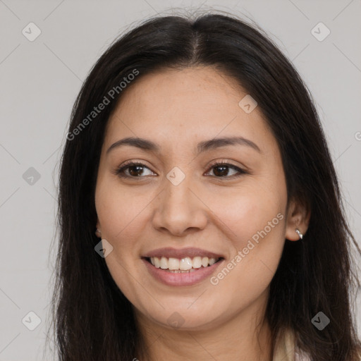 Joyful white young-adult female with long  brown hair and brown eyes