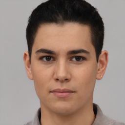 Neutral latino young-adult male with short  brown hair and brown eyes