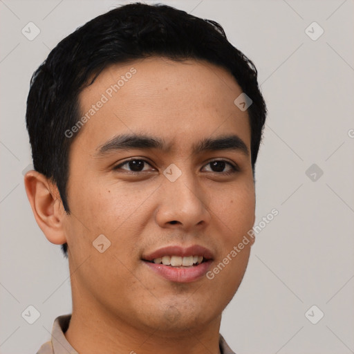 Joyful asian young-adult male with short  black hair and brown eyes