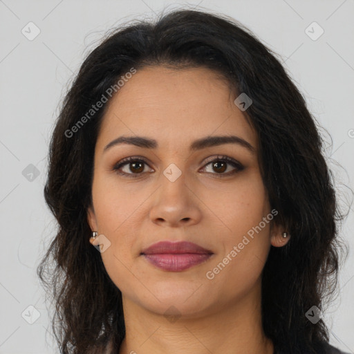 Joyful latino young-adult female with long  brown hair and brown eyes