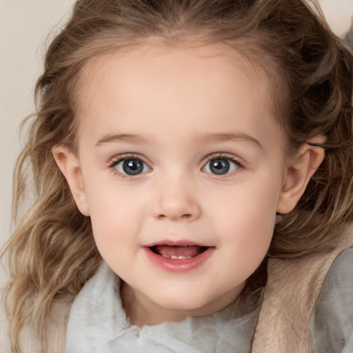 Joyful white child female with medium  brown hair and grey eyes