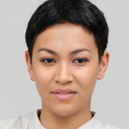 Joyful asian young-adult female with short  black hair and brown eyes