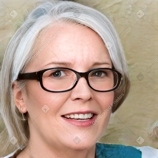 Joyful white adult female with medium  brown hair and blue eyes