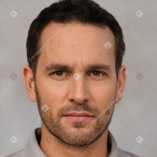 Neutral white adult male with short  brown hair and brown eyes