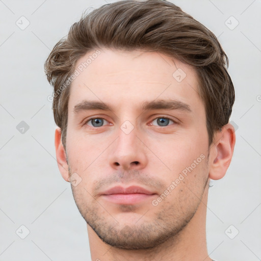 Neutral white young-adult male with short  brown hair and grey eyes