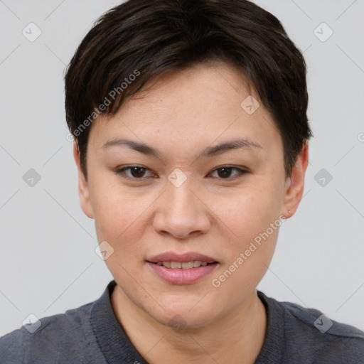 Joyful white young-adult female with short  brown hair and brown eyes